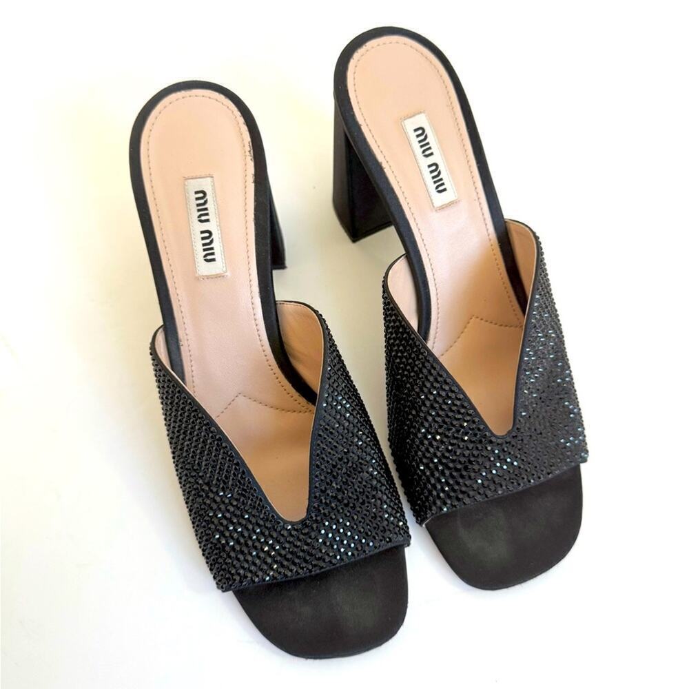 Miu Miu Black Satin Leather Crystal Embellished High Heel Slip On Mules Eu 40